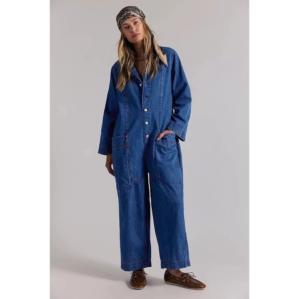 Free People We The Free Margarita Jumpsuit Utility Denim Wide Leg Blue XL 290092